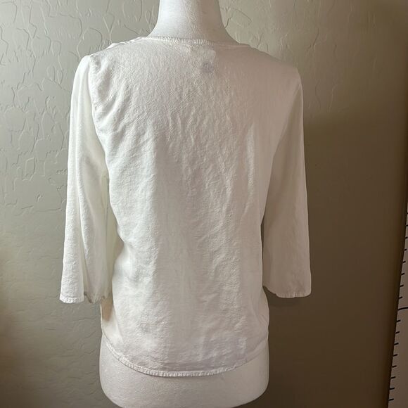 𝅺urban Romantics white mid length sleeves V-neck button front loop waist SZ M - Picture 4 of 9